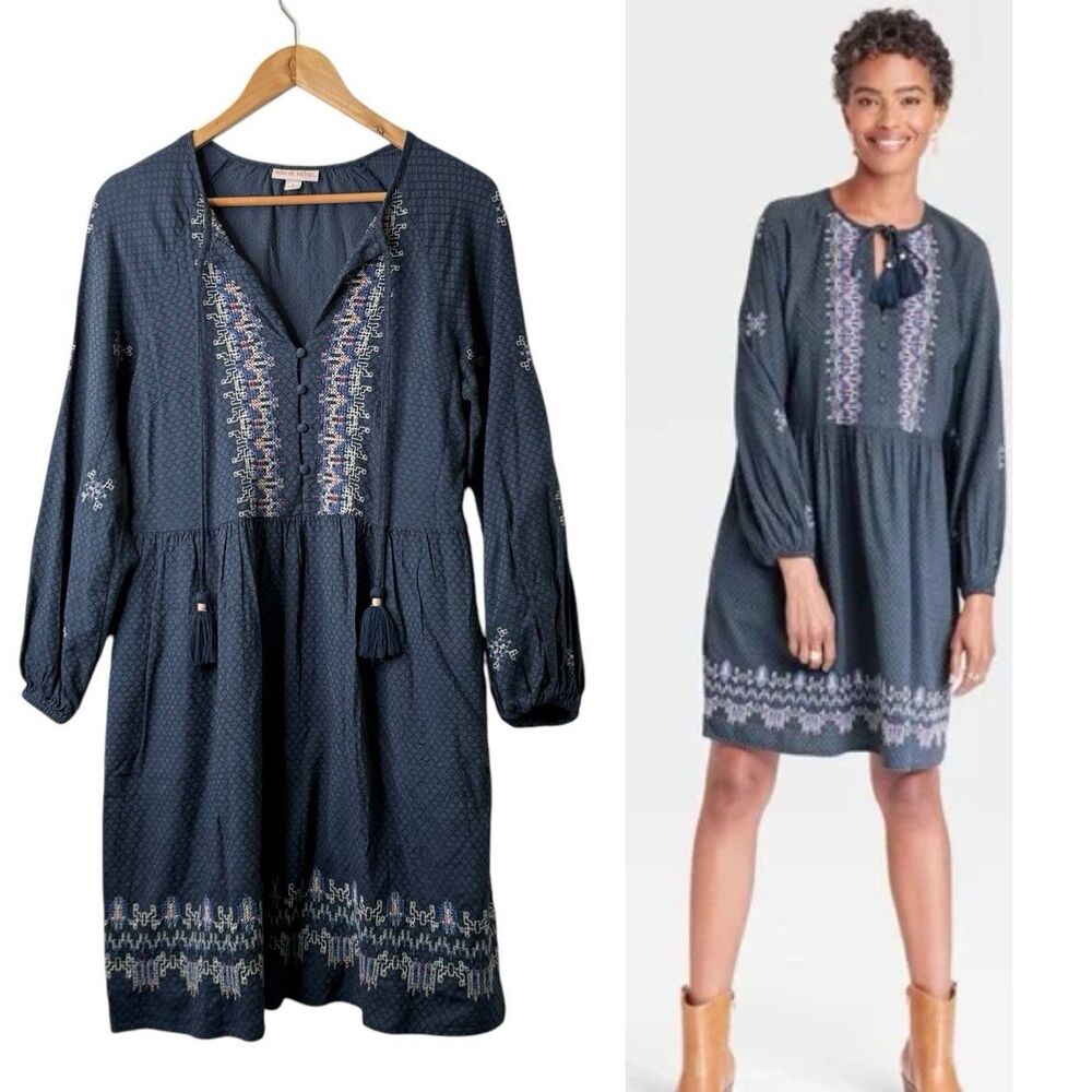 Knox Rose Dress Small Mini Boho Peasant Balloon Sleeve Embroidered Tassel Pocket
